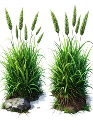 Two vibrant green grass tufts with seed heads, beside rocks, on a white background
