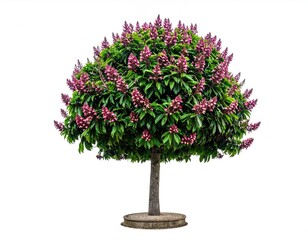 Full view of a flowering chestnut tree, vibrant pink blossoms atop lush green foliage