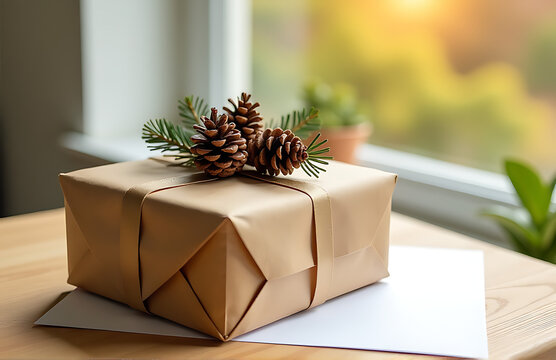 sturdy brown paper gift package wrapped around bundle pine cones placed atop plain white card mockup soft natural morning light