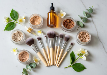 Organic Makeup Set Mineral Powder, Brushes, Oil, Flowers, and Leaves on Marble.