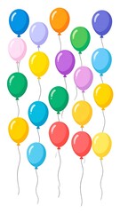 Colorful balloons ascending on strings against a white backdrop