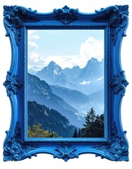 Blue ornate frame showcasing mountain landscape