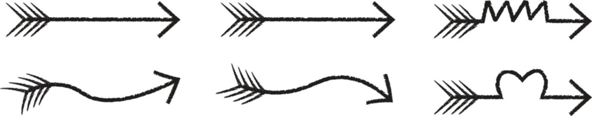 Hand drawn sketch arrow set with different styles including straight, curved, wavy, and zigzag. Black doodle arrows perfect for highlights, notes, and creative design projects. Unique collection 