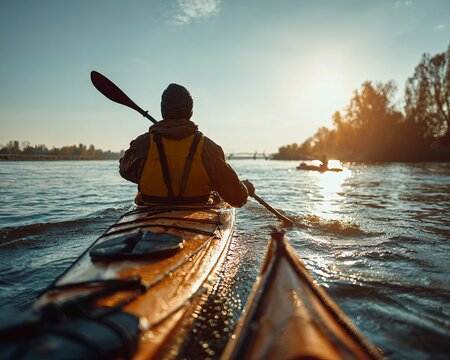 Kayaker paddles on a river at sunrise