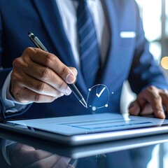 Close-up of businessman using tablet, signing digital document