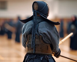 Kendo practitioner in protective gear, back view, focused on training