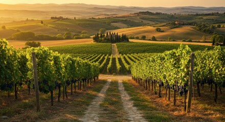 Fototapeta premium Vineyard landscape at sunset with rows of grape vines and rolling hills