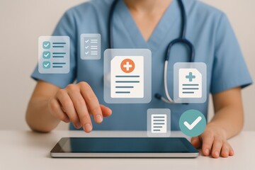 Healthcare Professional Interacting with Digital Tablet and Medical Documents in Modern Clinic Setting