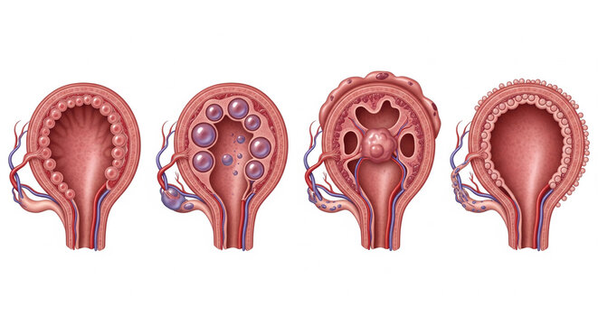 Detailed medical illustration showcases progression of kidney cysts and glomerular damage, vital for educational and research resources.