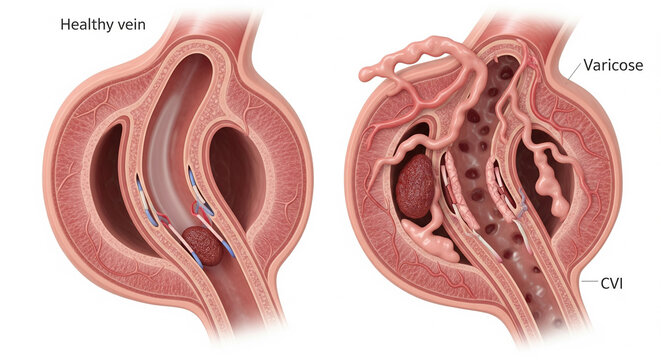 Detailed comparison of a healthy vein versus a varicose vein showing circulatory system abnormalities and CVI for medical education and awareness