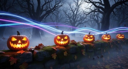 Halloween Jack-O'-Lanterns Glow in a Mysterious Foggy Forest with Magical Light Streaks at Night