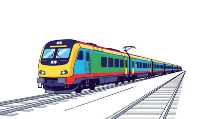 Fototapeta premium Colorful modern passenger train illustration on railway tracks.