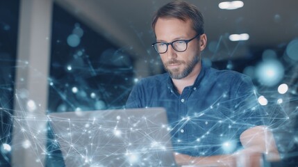 Focused male data engineer analyzing data flow in modern office with holographic projections