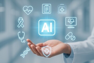 Innovative Healthcare Technology with AI Icons Displayed in a Medical Environment