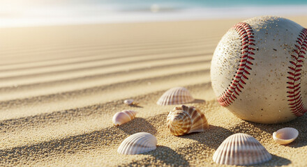 A baseball sitting on a sandy beach with seashells around it, positioned on the right side of the frame. The left portion shows clean blurred sand for text placement. Natural sunlight creates a warm 