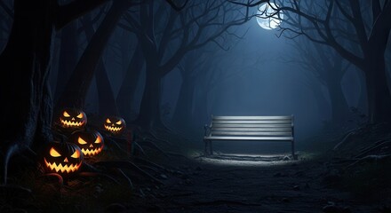 Eerie Halloween night: glowing jack-o'-lanterns, lone bench, and full moon on a dark, misty forest path. Spooky atmosphere.