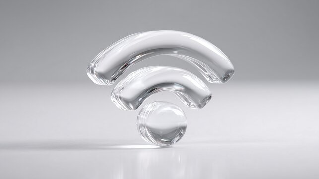 A transparent glass Wi-Fi symbol on a smooth surface. The design is modern and minimalistic, emphasizing connectivity and technology.