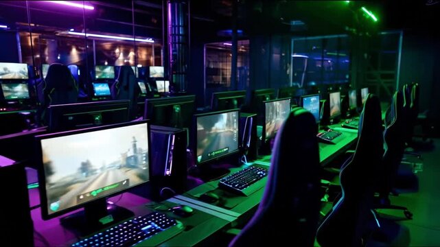 Rows of PCs displaying games keyboards chairs  computer cases fill a room illuminated by colorful atmospheric lighting