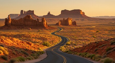 Winding asphalt road through desert landscape with majestic rock formations under golden sunlight