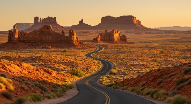 Winding asphalt road through desert landscape with majestic rock formations under golden sunlight