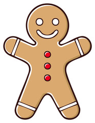 Festive gingerbread man cookie vector illustration with red buttons and smile for holiday season