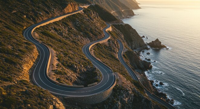 Winding coastal road along a rugged cliffside with ocean views during sunset or sunrise golden hour