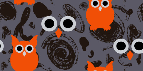 Orange owl repeating fabric print with brushstrokes pattern