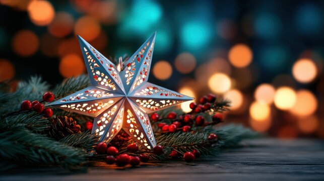 A beautifully lit star-shaped lantern surrounded by festive greenery and berries on a wooden table - Powered by Adobe