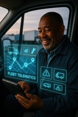 Fleet telematics implementation for enhanced vehicle management transportation hub digital analytics outdoor setting close-up view efficiency optimization