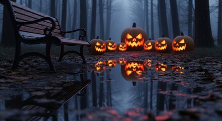 Spooky Halloween jack-o'-lanterns glowing in a foggy autumn forest with reflections in a puddle, perfect for eerie mystery