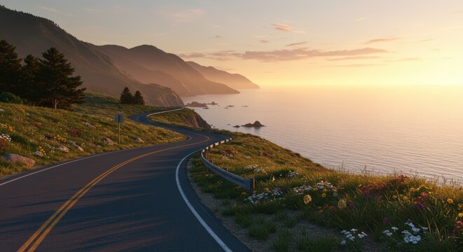 Winding coastal road at sunset with ocean views mountain landscape and golden sunlight - Powered by Adobe
