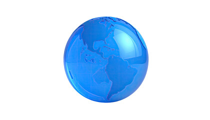 A glossy, blue translucent globe sits centered against a stark black background