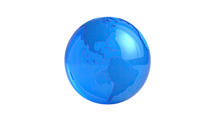 A glossy, blue translucent globe sits centered against a stark black background