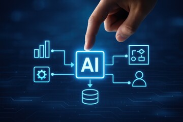 Naklejka premium Hand Interacting with AI Technology Concept on Digital Background with Data Flow Diagrams