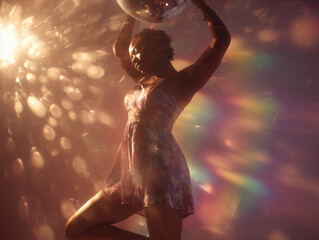 Stylish woman in a  short dress enjoying nightlife under a disco ball, surrounded by colorful lights. Party, dance, music, and celebration concept.