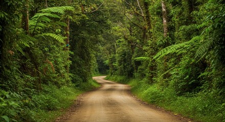 Fototapeta premium Winding dirt road through dense lush forest with green foliage and sunlight nature scene