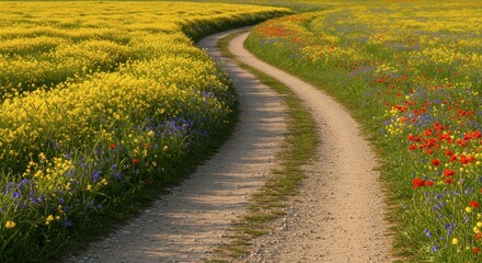 Naklejka premium Winding dirt road through vibrant wildflower field in summer sunlight offering scenic rural landscape views