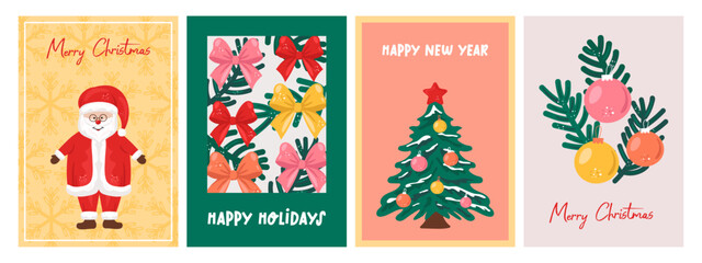 A set of four brightly colored festive greeting cards. Wishing you a Merry Christmas and a Happy New Year with festive elements. Winter holiday.