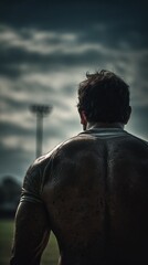 Muscular man's back, dirty sports shirt, outdoors