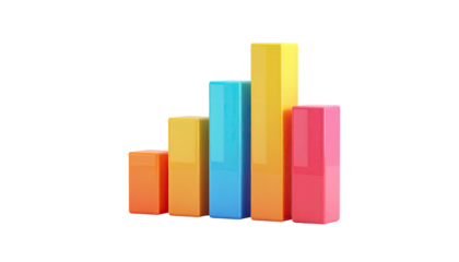 Colorful 3D bar graph, ascending trend, isolated on black background