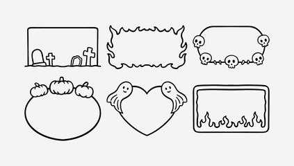 Halloween frames with pumpkins, ghosts, skulls, fire, graveyard in doodle outline. Spooky rectangular and heart borders for party invitation decors. Halloween horror border for poster and flyer