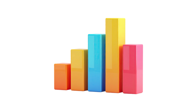 Colorful 3D bar graph, ascending trend, isolated on black background - Powered by Adobe