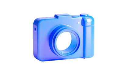3D rendering of a blue camera with a prominent lens and flash, isolated