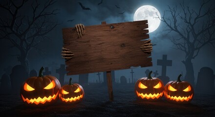 Eerie Halloween night scene with glowing jack-o'-lanterns, spooky graveyard, full moon, and blank wooden sign held by skeletal hands.