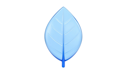 A glossy, stylized blue leaf against a stark black background