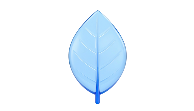 A glossy, stylized blue leaf against a stark black background - Powered by Adobe