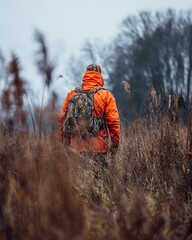 Hunter in orange gear, autumnal field