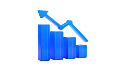 3D blue ascending arrow chart with diminishing columns on black