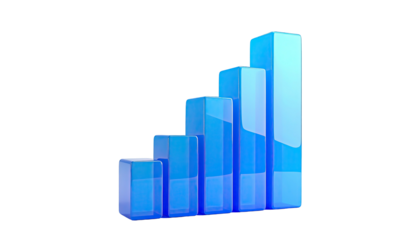 A 3D, glossy, blue bar graph ascends, showcasing upward progress on black