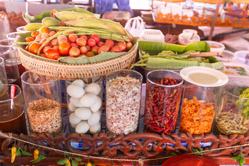 Fresh fruits and vegetables and colorful ingredients for making Somtam are available at Thai food markets as a healthy and delicious snack or meal.